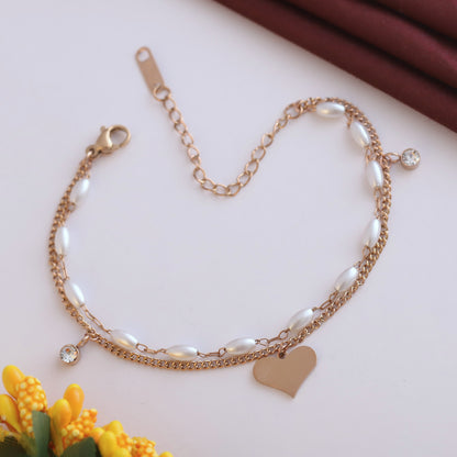 Elora Rose-Gold Heart Charm & Pearl Dual Chain Bracelet
