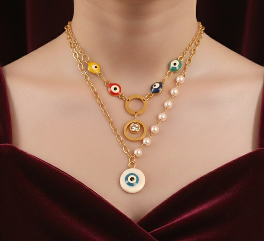 Elora Gold Plated Multi-Color Enamel Evil Eye & Faux Pearl Double Layered Pendant Necklace