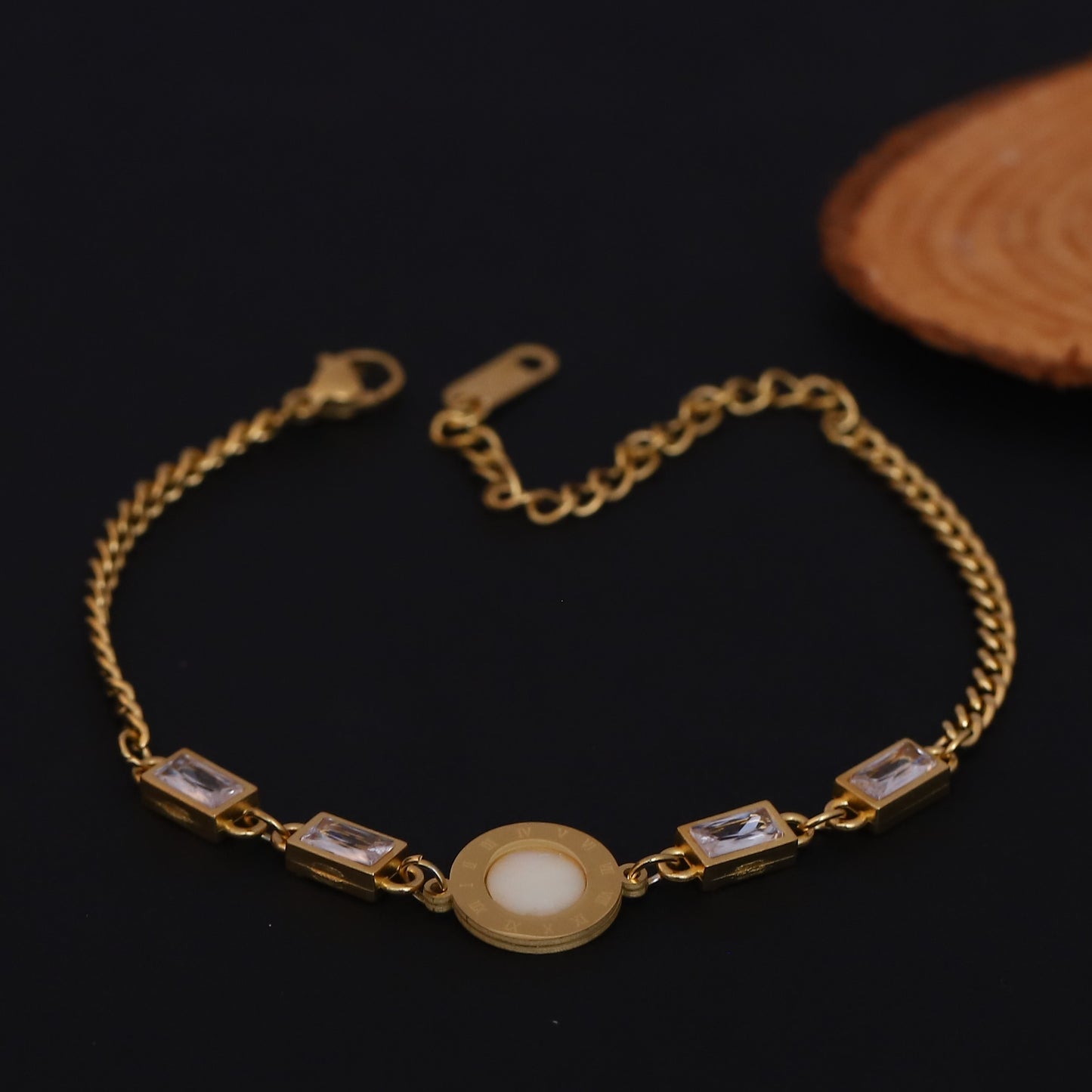 Elora Golden Roman Dial Bracelet with White Stone & Crystal Accents