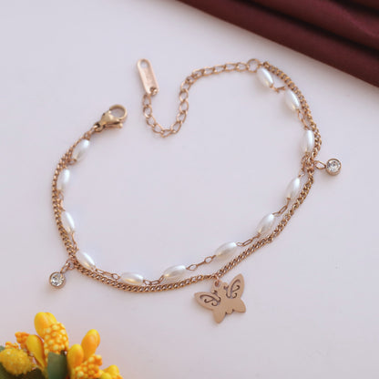 Elora Rose Gold Butterfly & Pearl Charm Bracelet