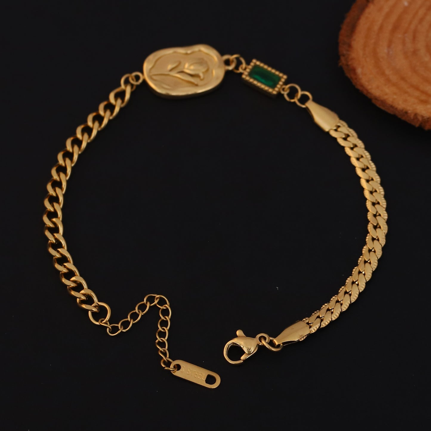 Elora Golden Engraved Coin Charm Bracelet with Green Accent