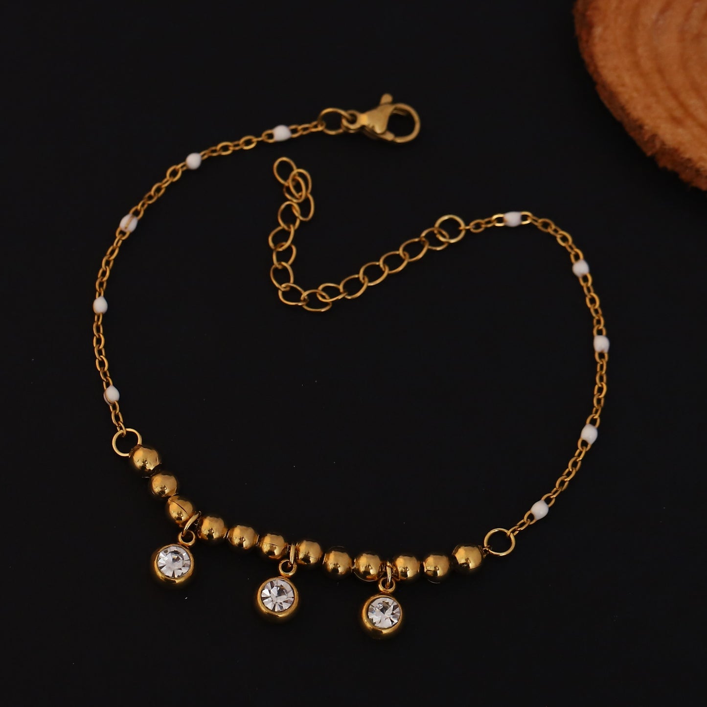 Elora Gold Plated  Beaded  with White Beads & Sparkling Stone Charms Bracelet