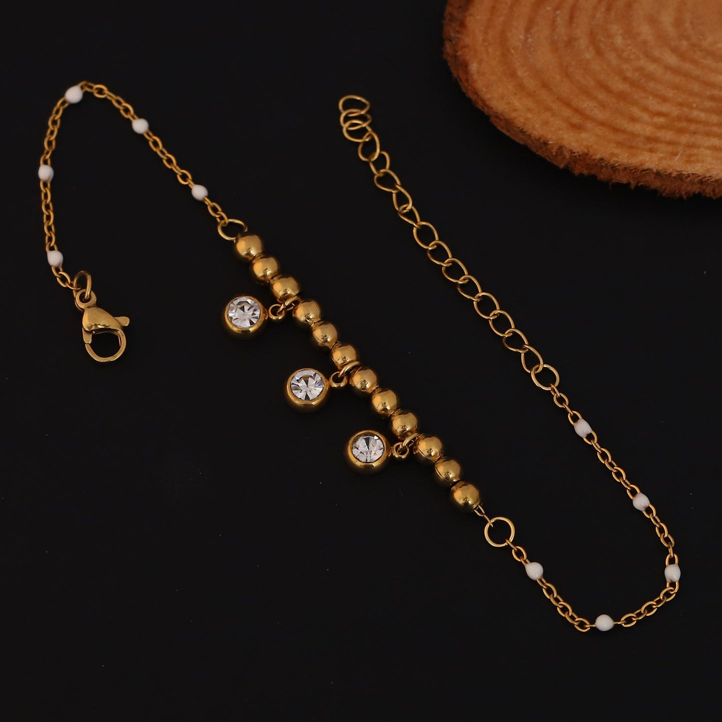 Elora Gold Plated  Beaded  with White Beads & Sparkling Stone Charms Bracelet