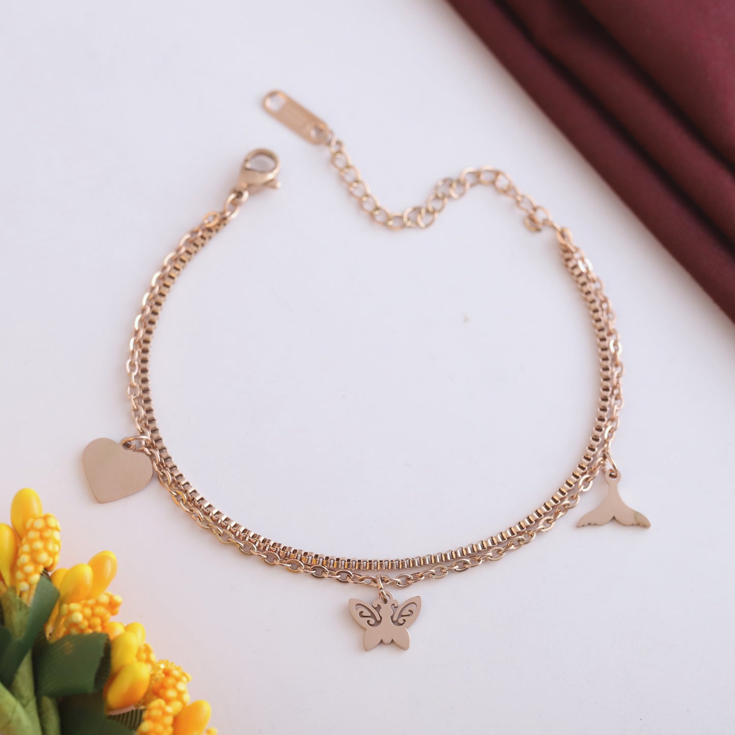 Elora Rose-Gold Triple Charm Double Chain Bracelet