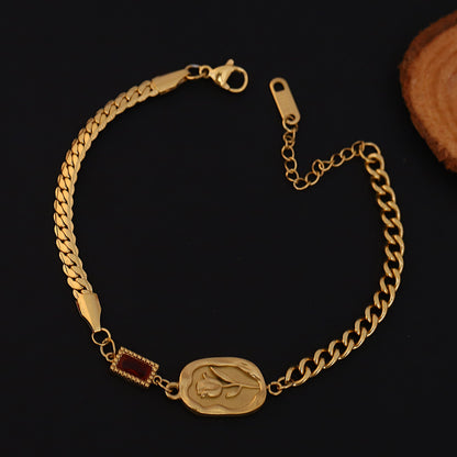 Elora Golden Engraved Coin Bracelet with Red Stone Accent