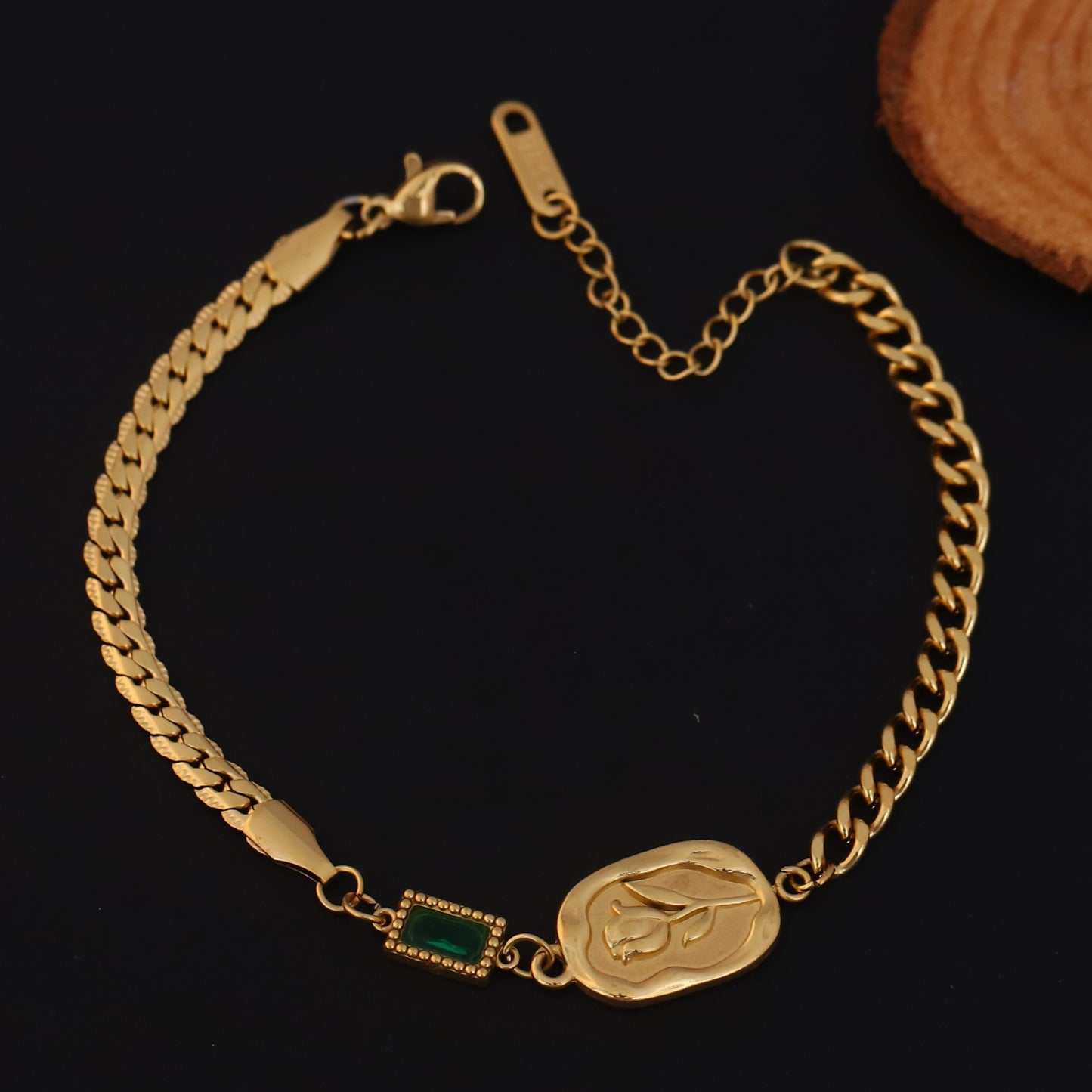Elora Golden Engraved Coin Charm Bracelet with Green Accent