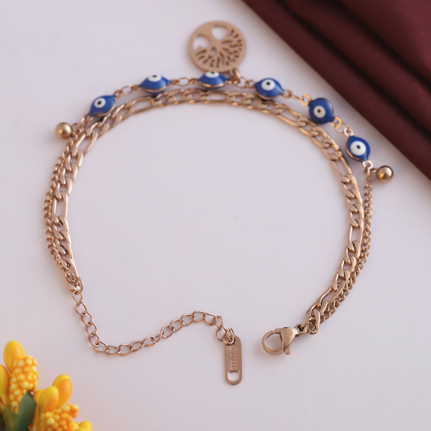 Elora Rose-Gold Evil Eye Bead & Tree of Life Charm Bracelet