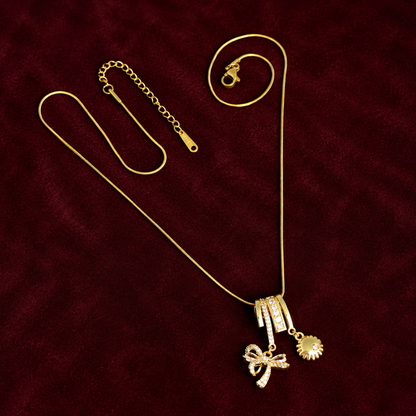 Elora Elegant Gold-Plated Charm Pendant Necklace with Bow & Sun Drop Accents