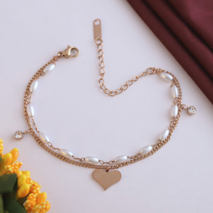 Elora Rose-Gold Heart Charm & Pearl Dual Chain Bracelet