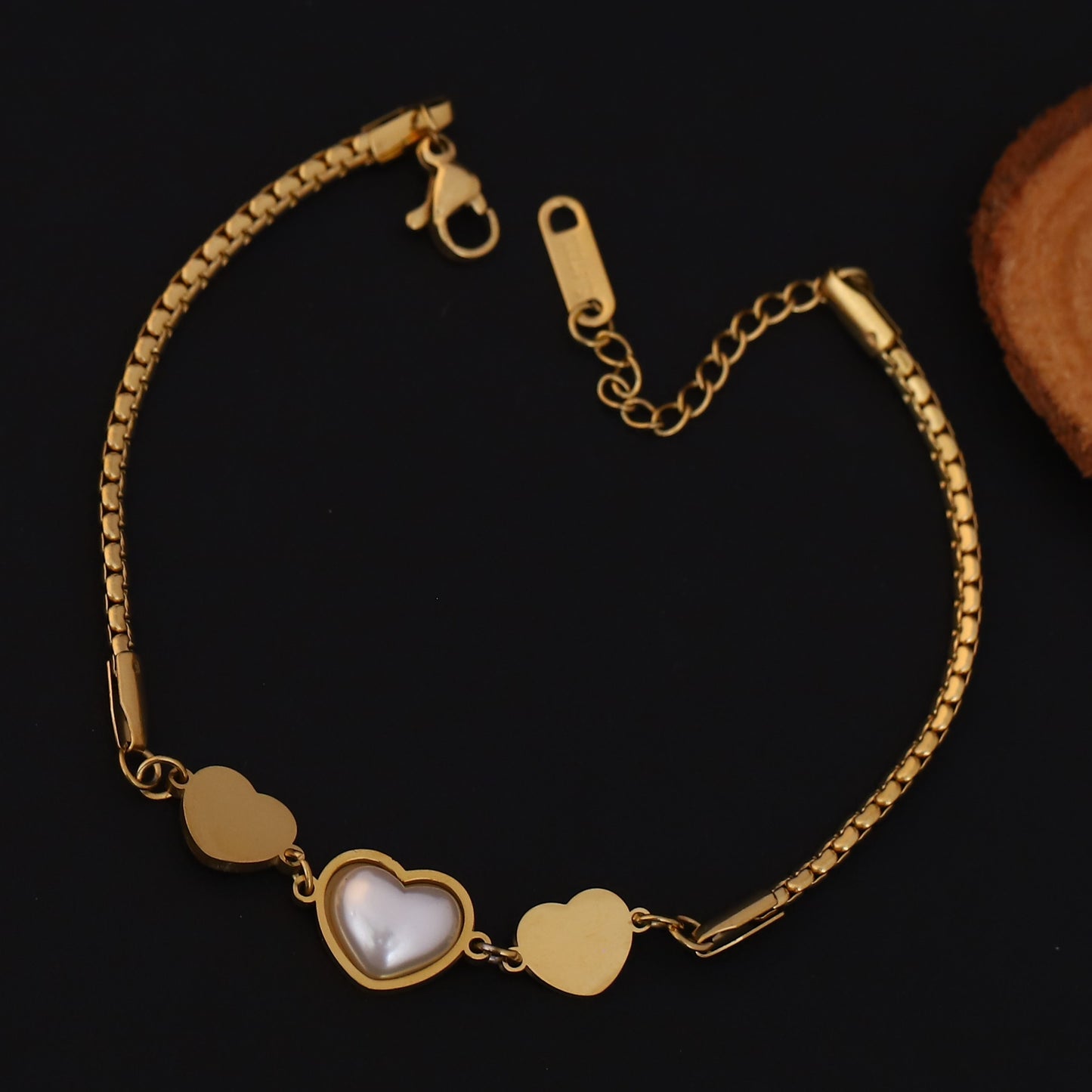 Elora Golden Triple Heart Bracelet with Pearl Center