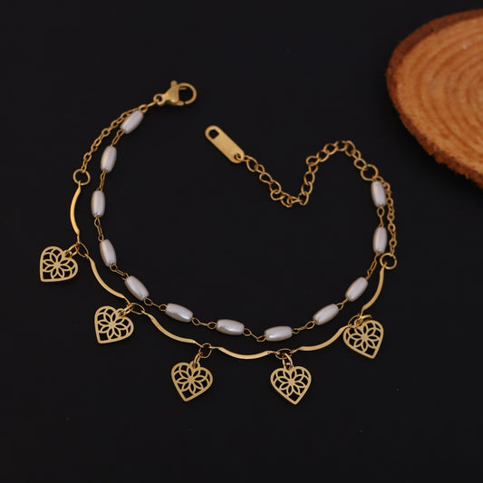 Elora Golden Heart Charm Dual Layer Pearl Bracelet