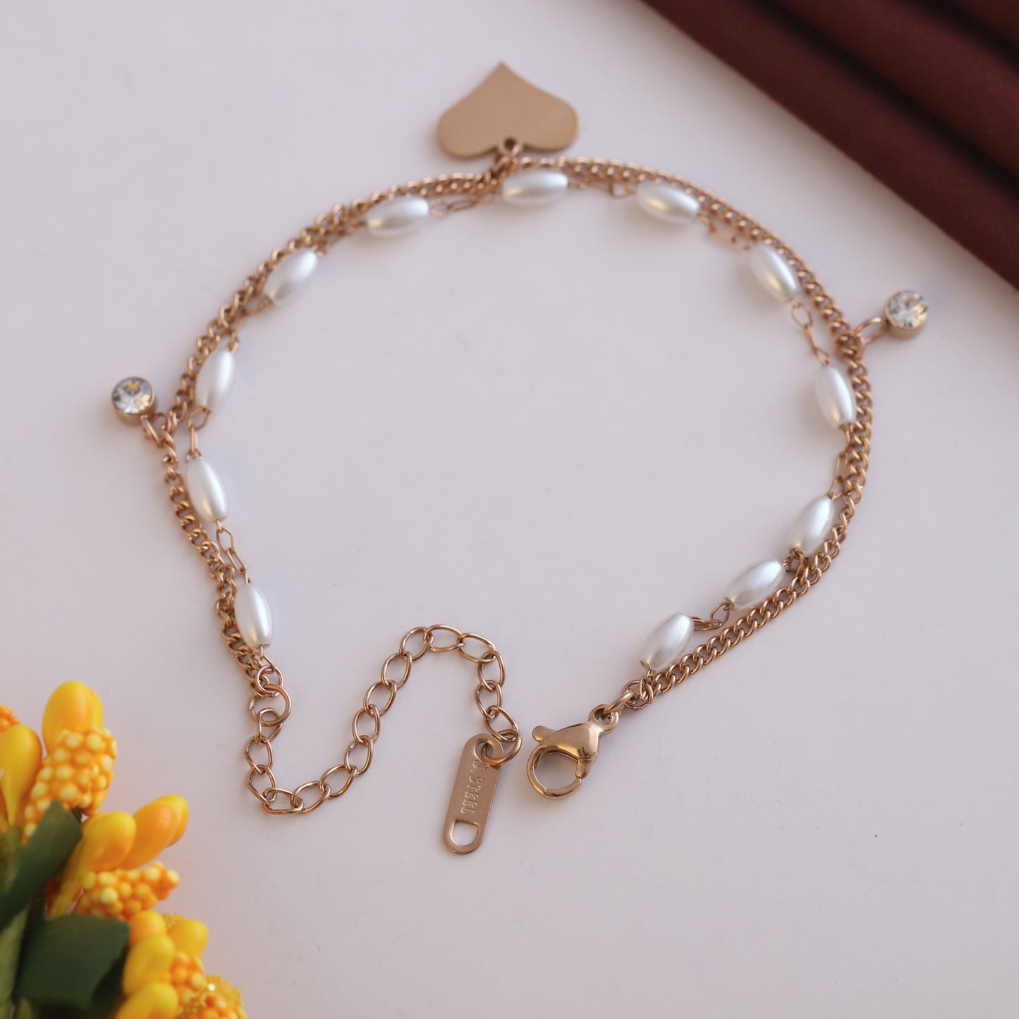 Elora Rose-Gold Heart Charm & Pearl Dual Chain Bracelet