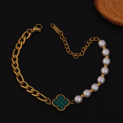 Elora Golden Pearl & Clover Charm Bracelet