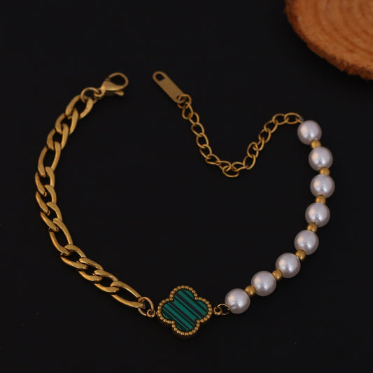 Elora Golden Pearl & Clover Charm Bracelet