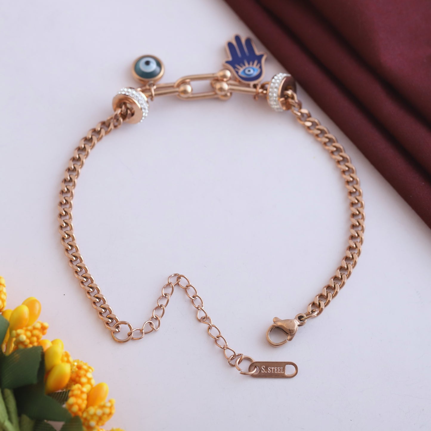 Elora Rose Gold Hamsa & Evil Eye Charm Bracelet