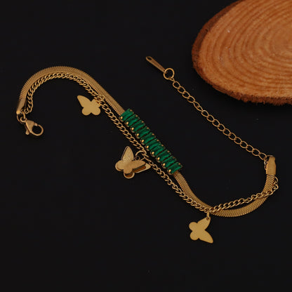 Elora Clover Charm Dual Chain Bracelet – Emerald Luxe Edition
