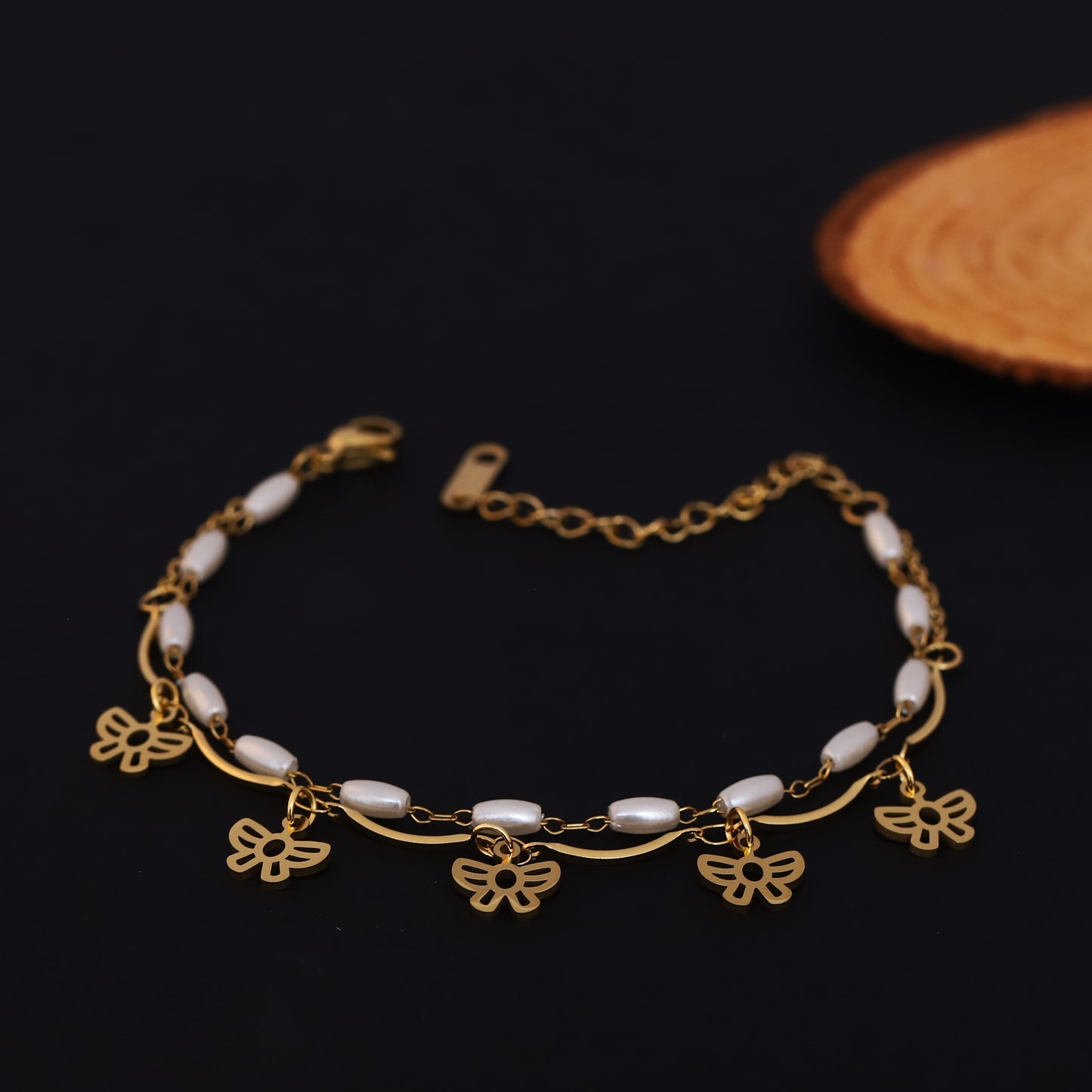 Elora Golden Butterfly Charm Dual Layer Pearl Bracelet