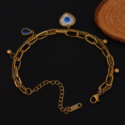 Elora Golden Evil Eye Heart Charm Bracelet with Dual Chain