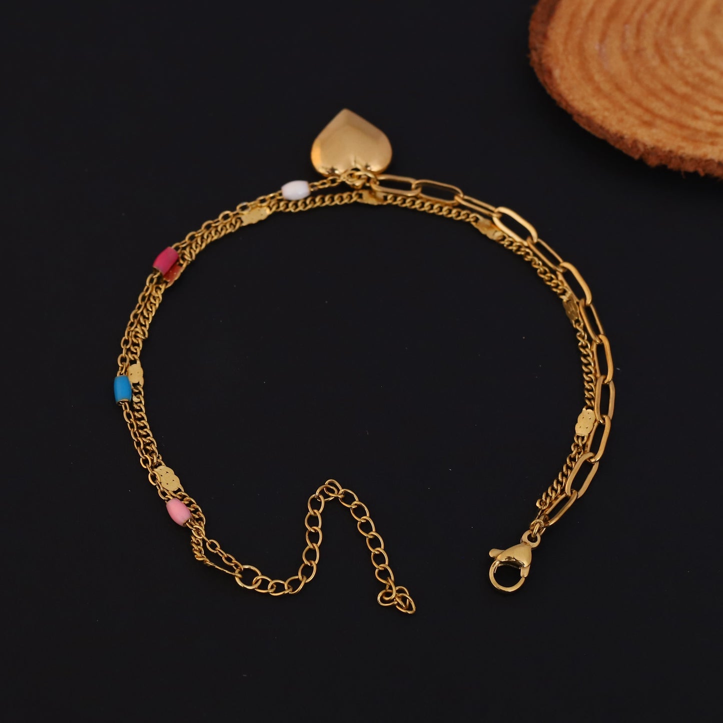 Elora Golden Heart Charm Dual Chain Bracelet