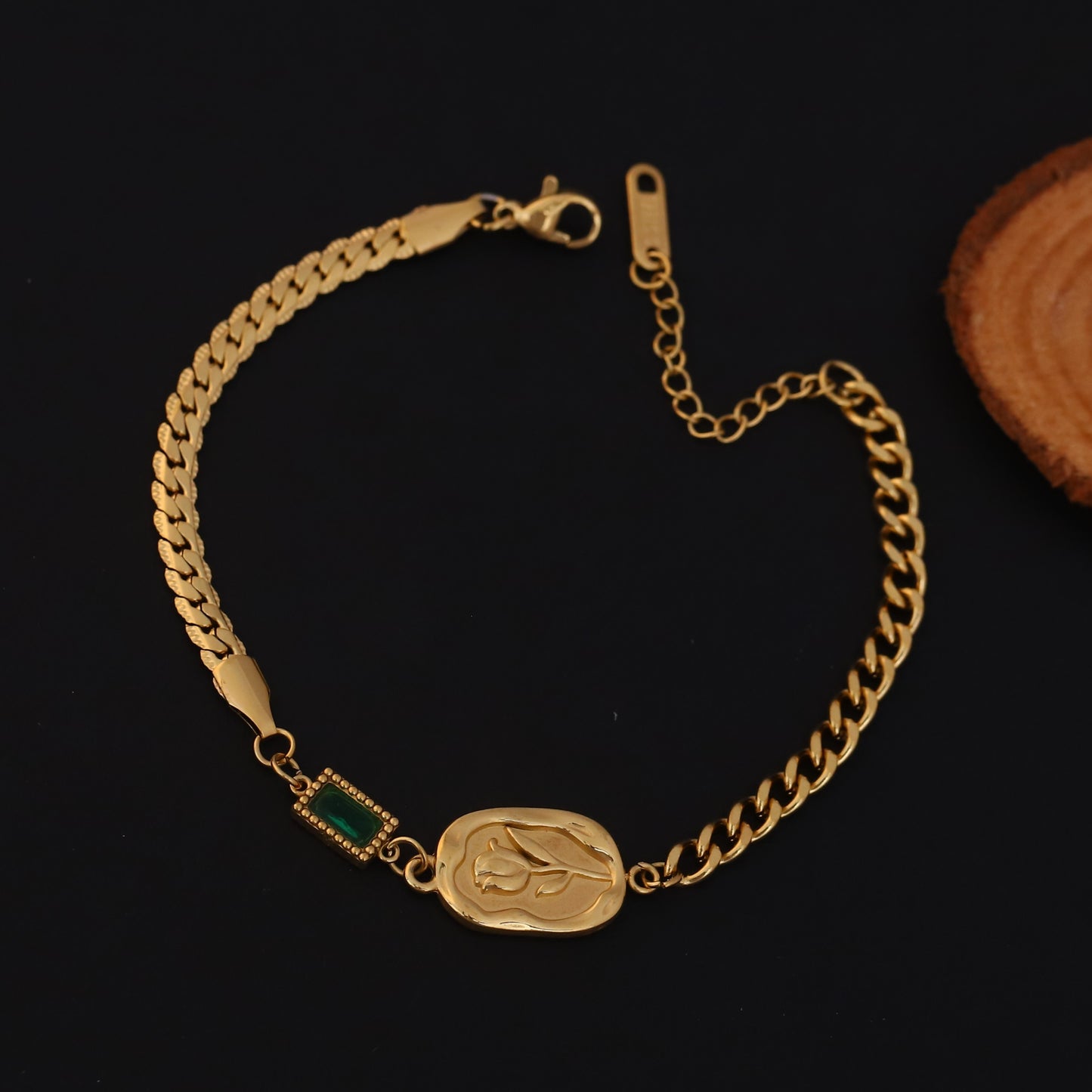 Elora Golden Engraved Coin Charm Bracelet with Green Accent