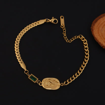 Elora Golden Engraved Coin Charm Bracelet with Green Accent