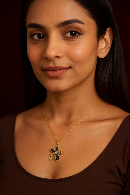 Elora black Enamel floral pendant chain