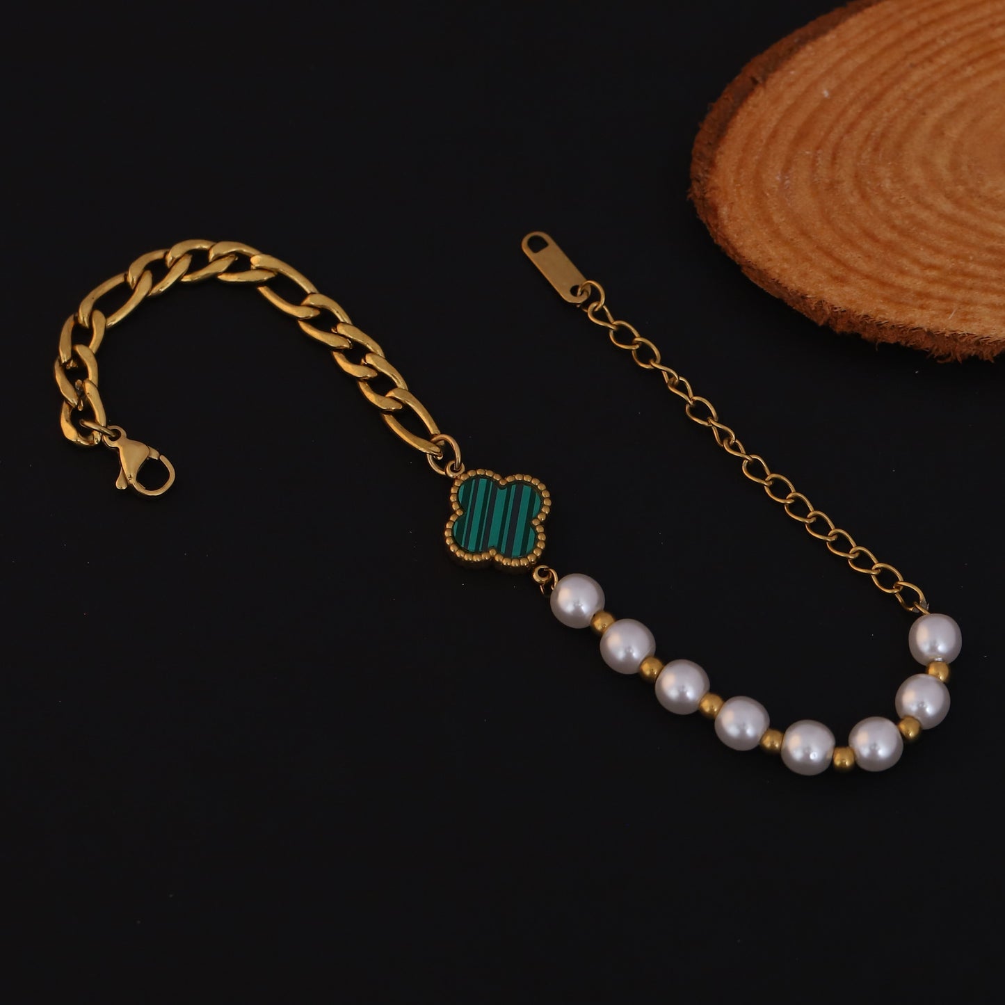 Elora Golden Pearl & Clover Charm Bracelet