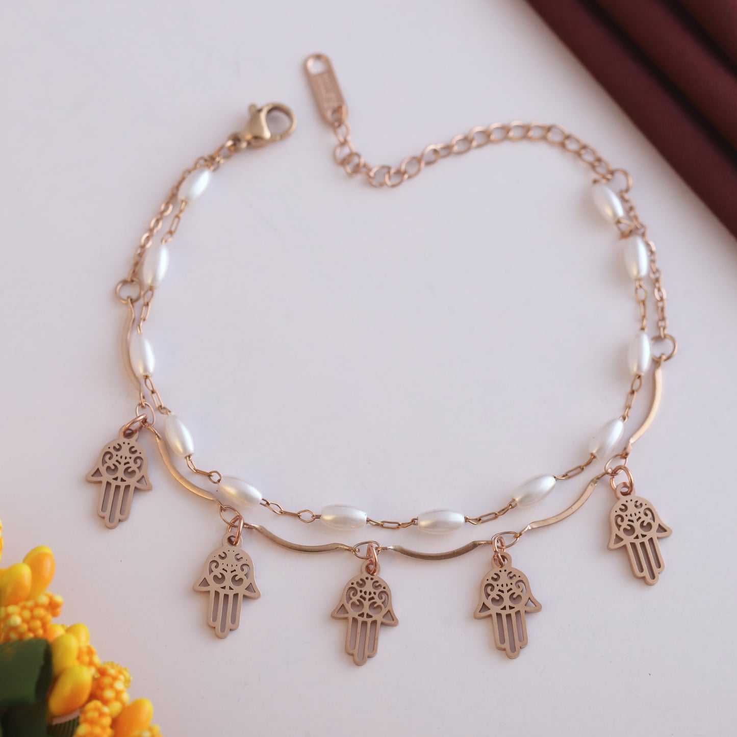 Elora Rose Gold Plated Elegant Hamsa Charm & Pearl Chain Bracelet
