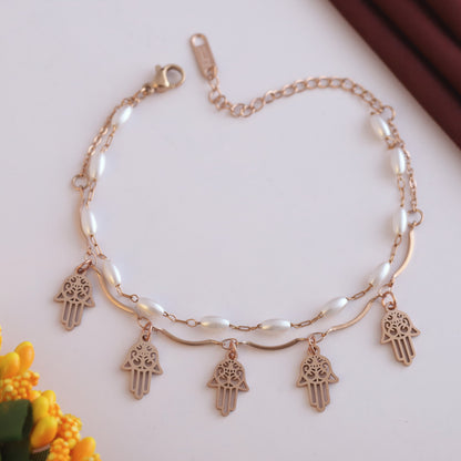 Elora Rose Gold Plated Elegant Hamsa Charm & Pearl Chain Bracelet