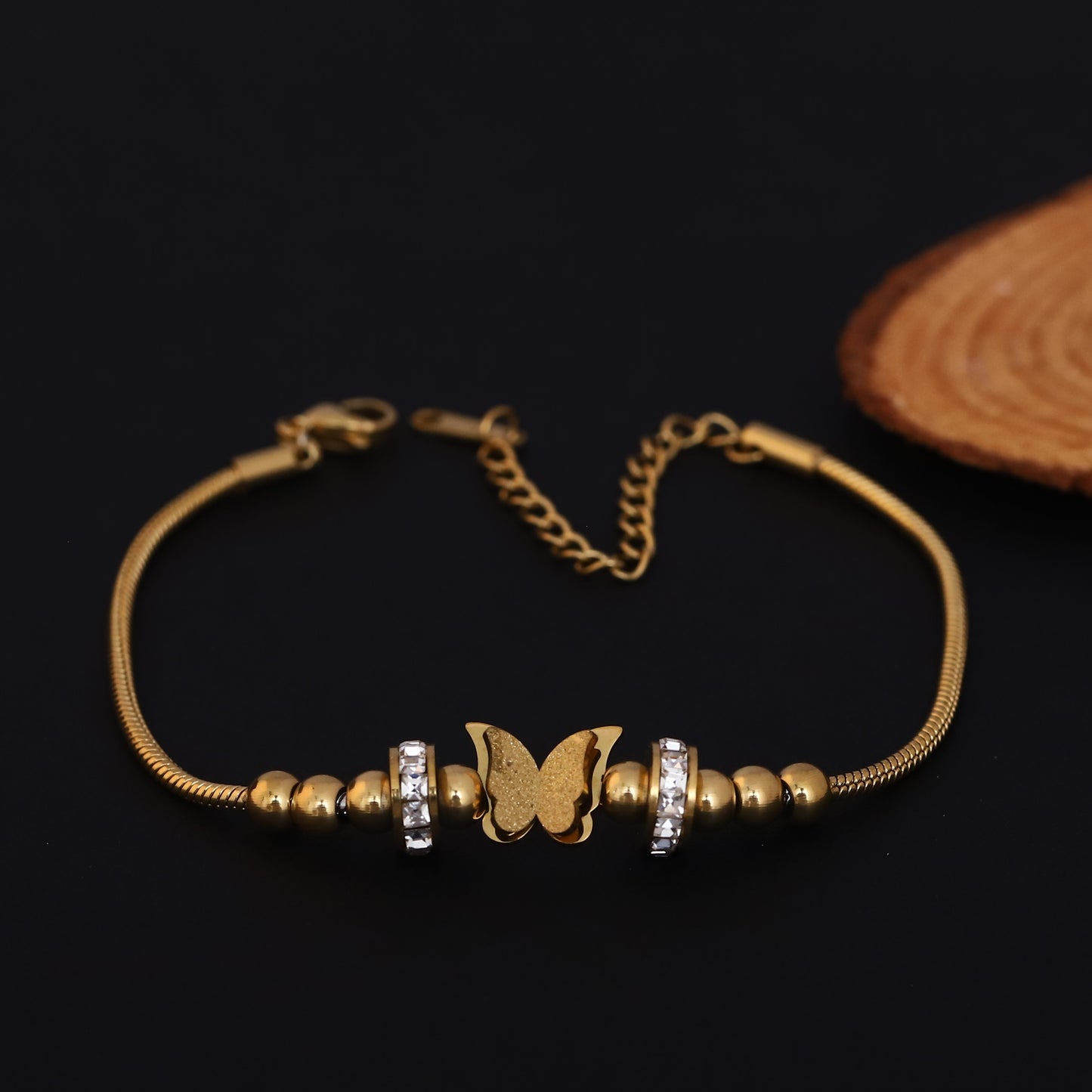 Elora Golden Butterfly Bead Bracelet with Crystal Rings