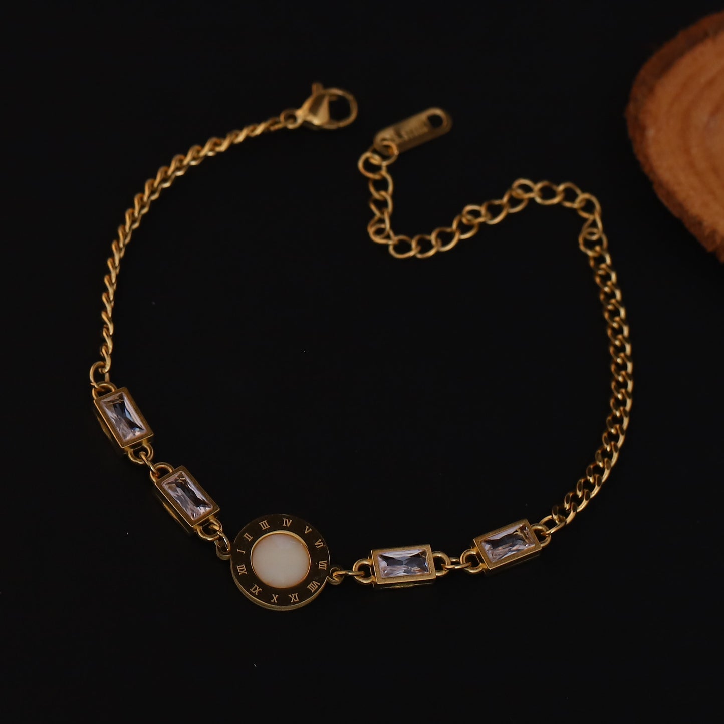Elora Golden Roman Dial Bracelet with White Stone & Crystal Accents