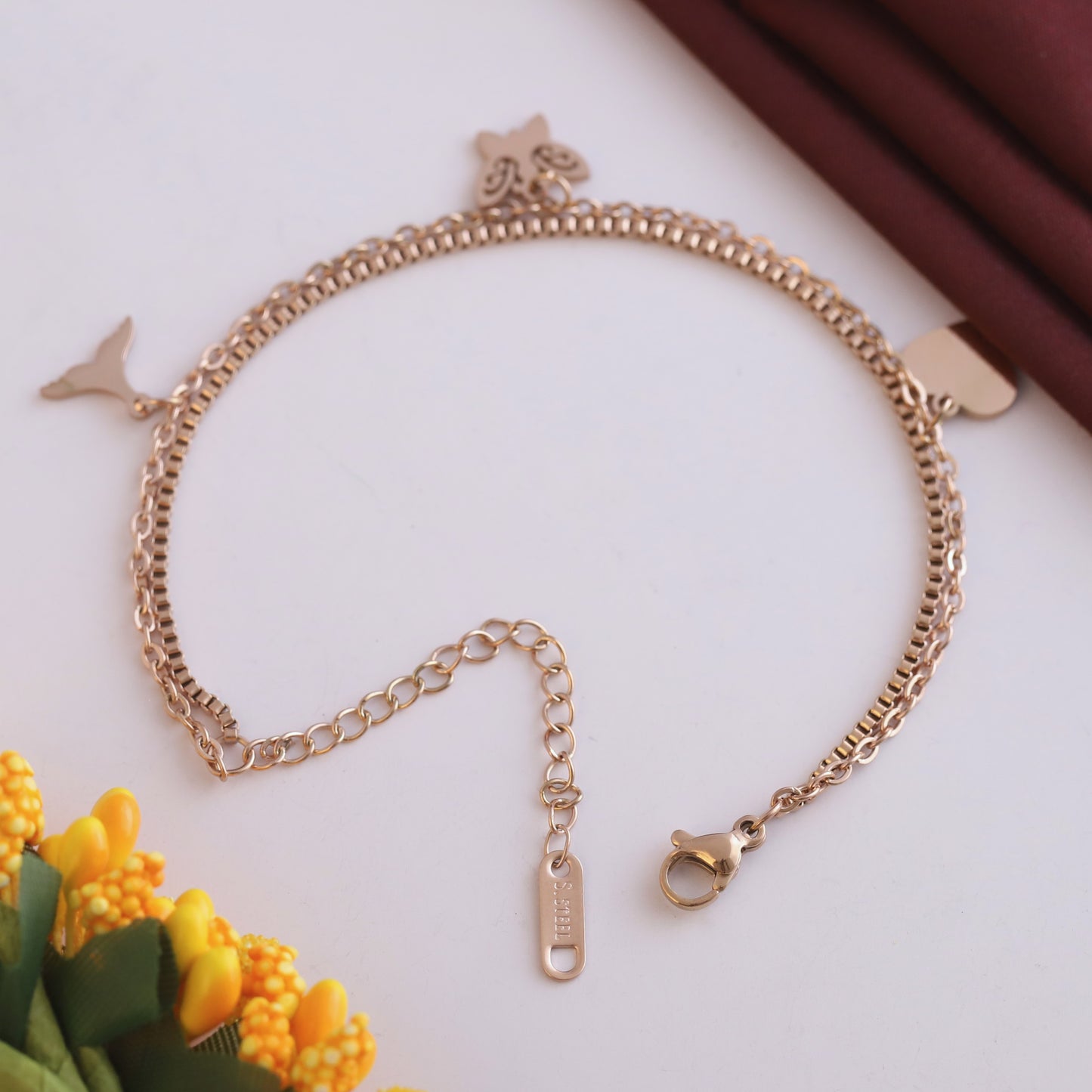 Elora Rose-Gold Triple Charm Double Chain Bracelet
