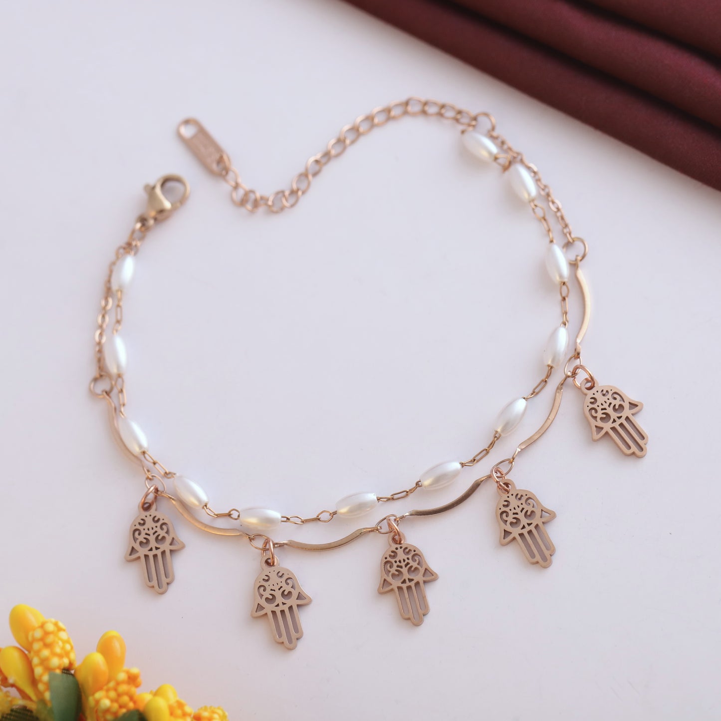 Elora Rose Gold Plated Elegant Hamsa Charm & Pearl Chain Bracelet