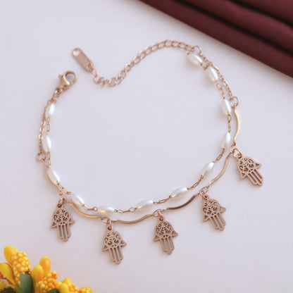 Elora Rose Gold Plated Elegant Hamsa Charm & Pearl Chain Bracelet