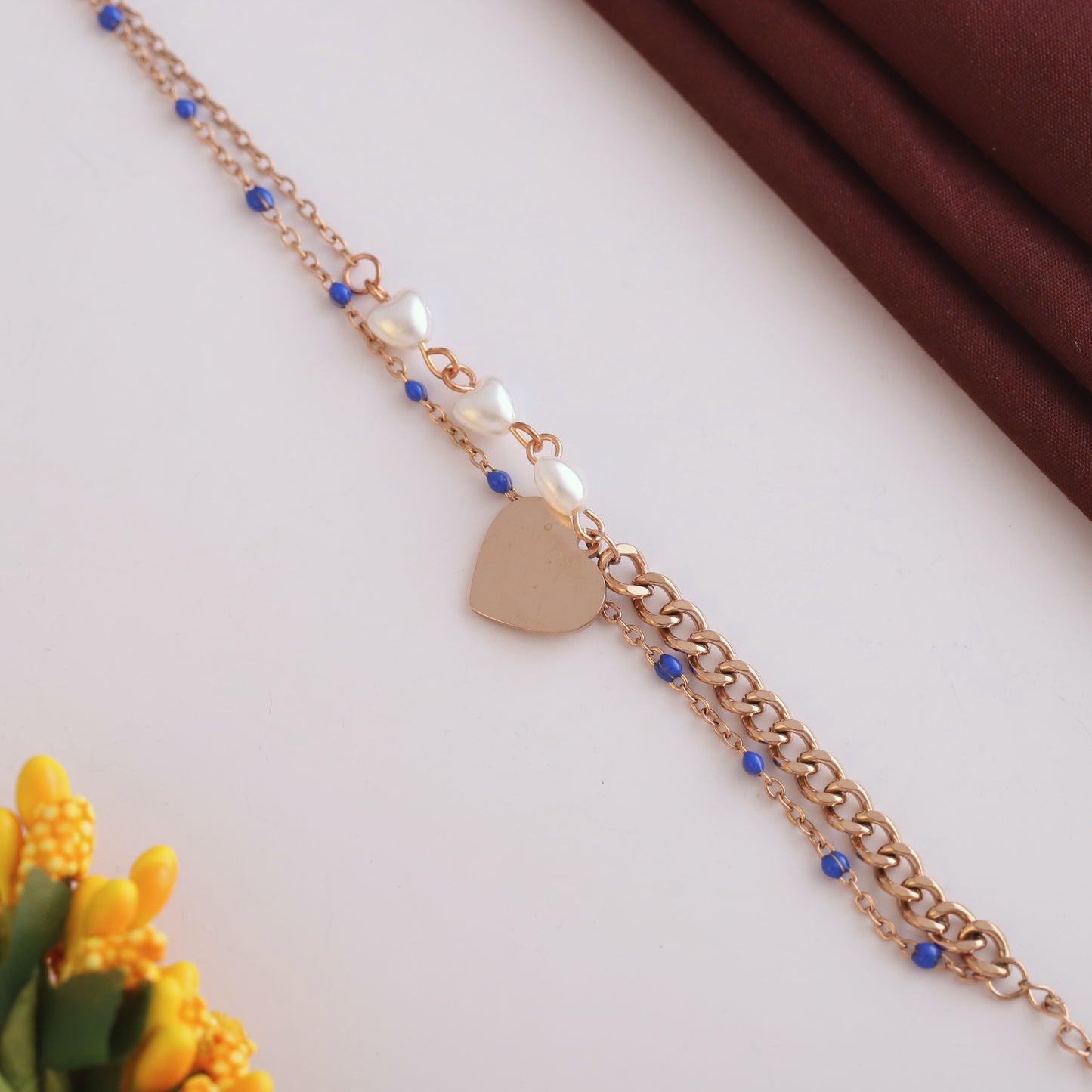 Elora Rose Gold Heart Charm Pearl & Bead Chain Bracelet