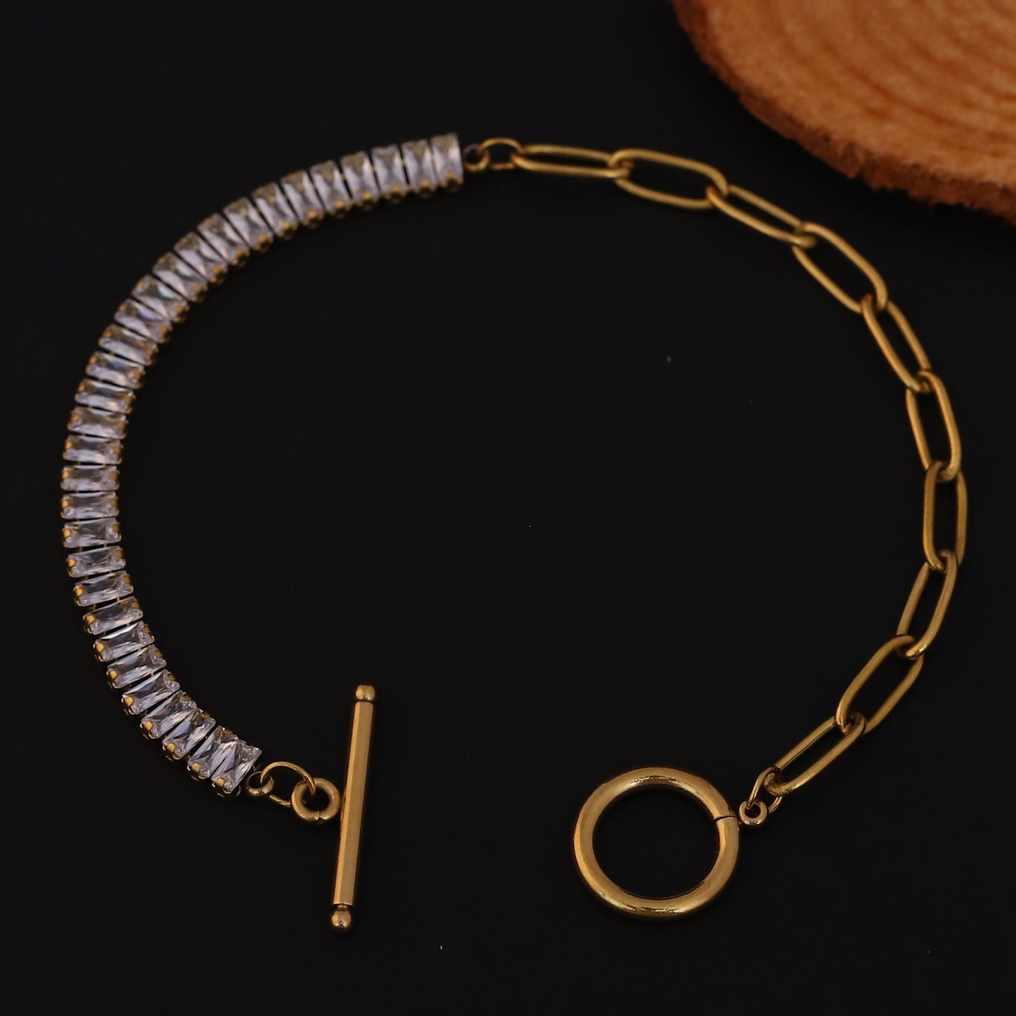 Elora Golden Crystal Link Bracelet with Toggle Clasp