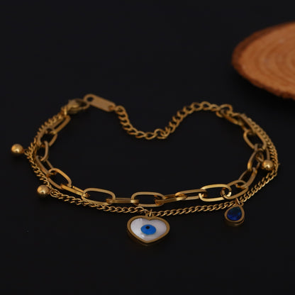 Elora Golden Evil Eye Heart Charm Bracelet with Dual Chain