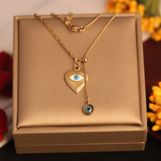 Elora Gold plated Heart Shape Dual Evil Eye Pendant with dual Style Chain