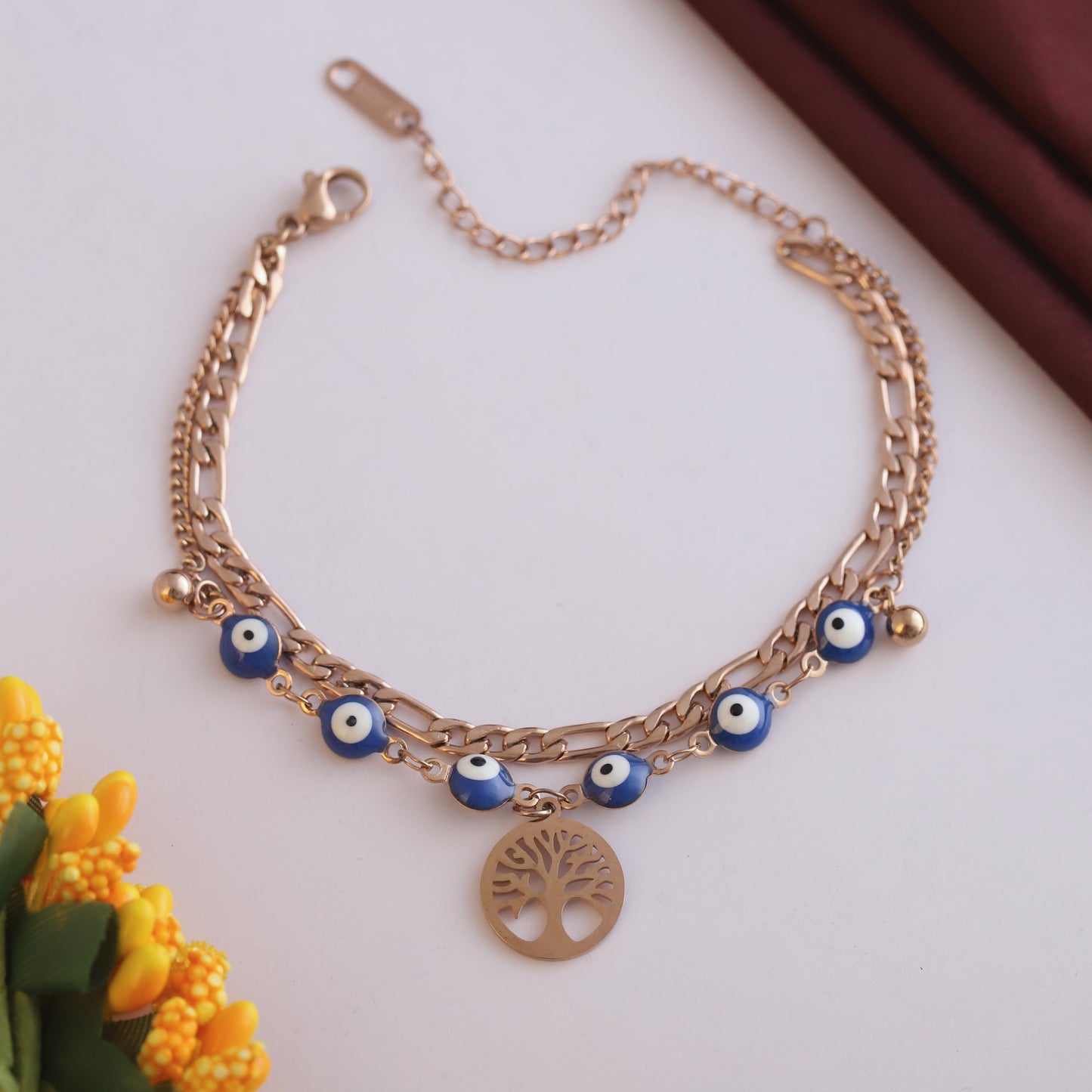 Elora Rose-Gold Evil Eye Bead & Tree of Life Charm Bracelet