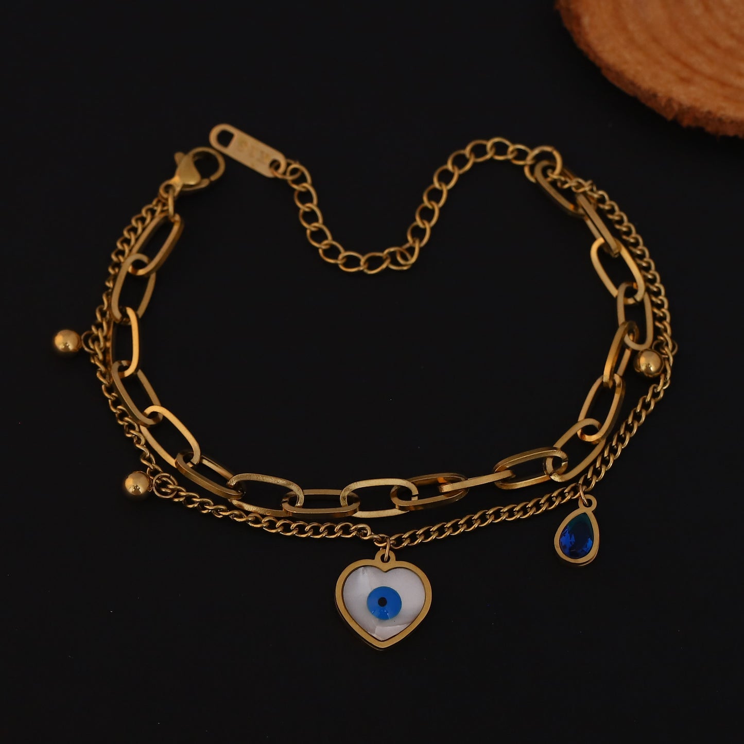 Elora Golden Evil Eye Heart Charm Bracelet with Dual Chain