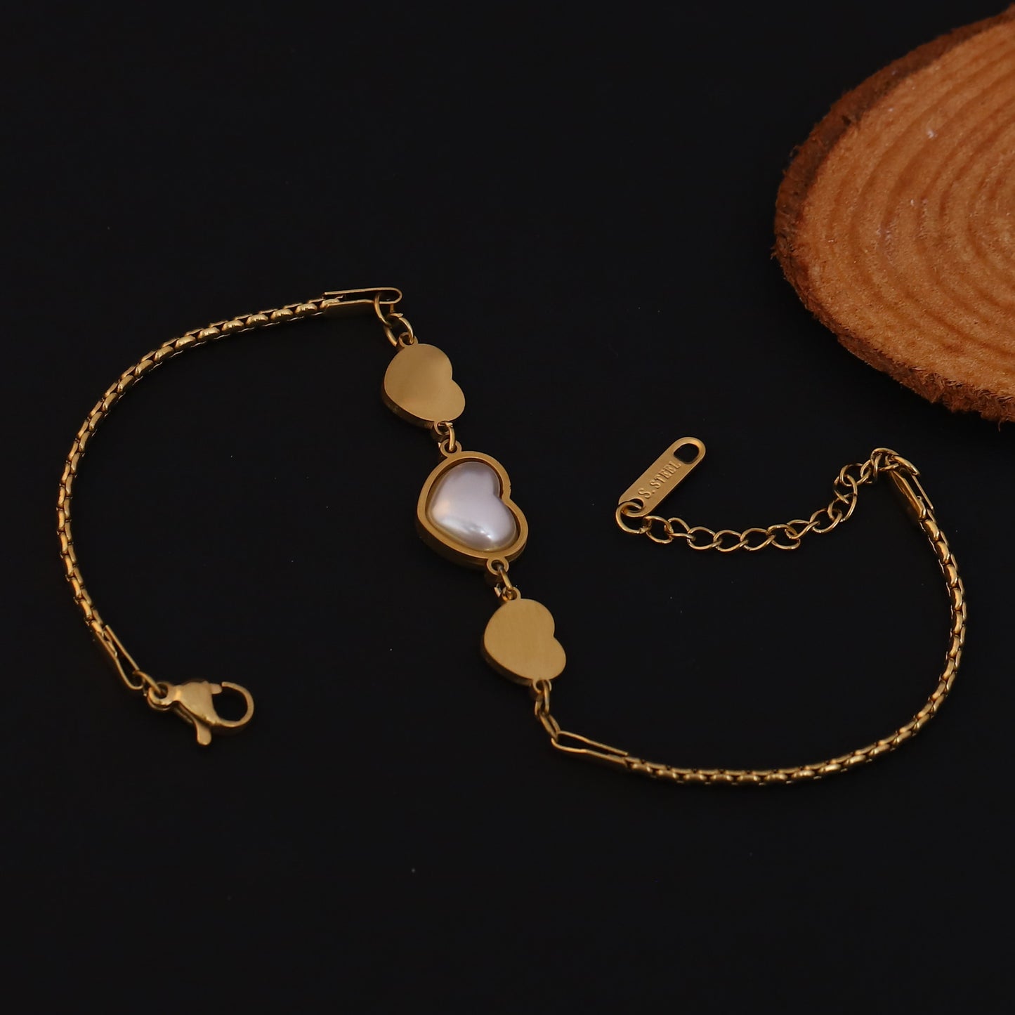 Elora Golden Triple Heart Bracelet with Pearl Center
