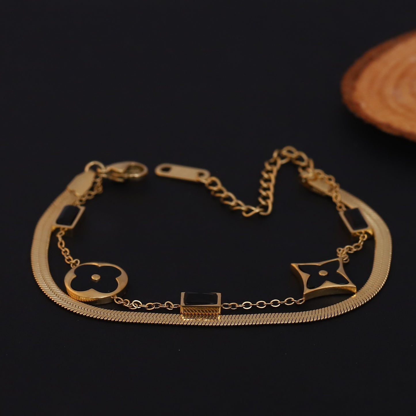 Elora Noir Elegance Dual Chain Bracelet – Luxe Clover Edition
