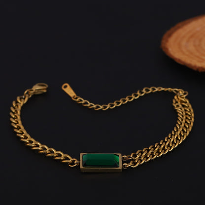 Elora Golden Green Stone Dual Chain Bracelet