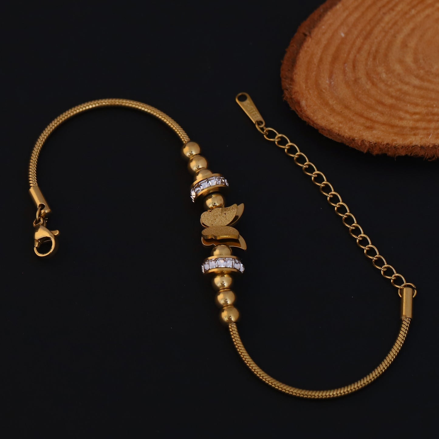 Elora Golden Butterfly Bead Bracelet with Crystal Rings