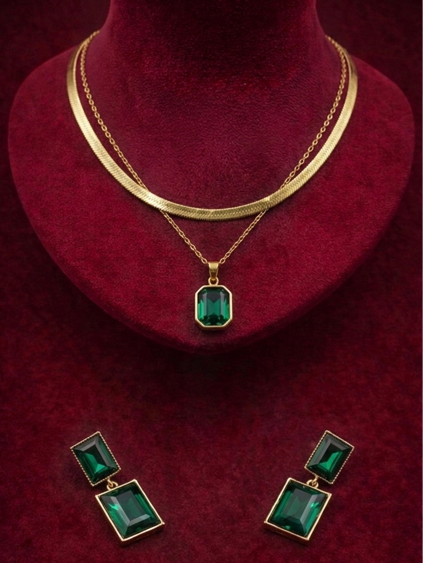Elora Emeralds green gold plated layered Jewellery set