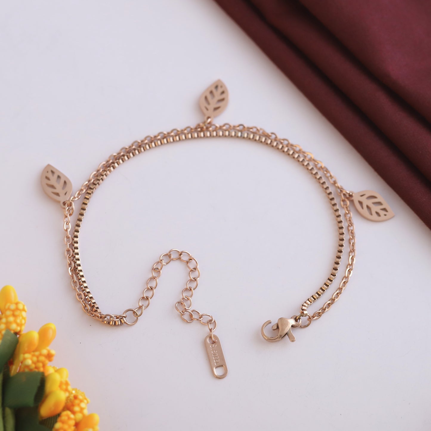 Elora Rose -Gold Plated Leaf Charm Double Chain Bracelet