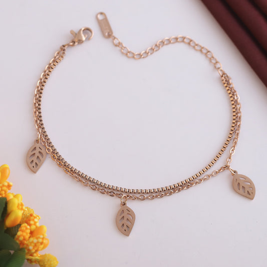 Elora Rose -Gold Plated Leaf Charm Double Chain Bracelet