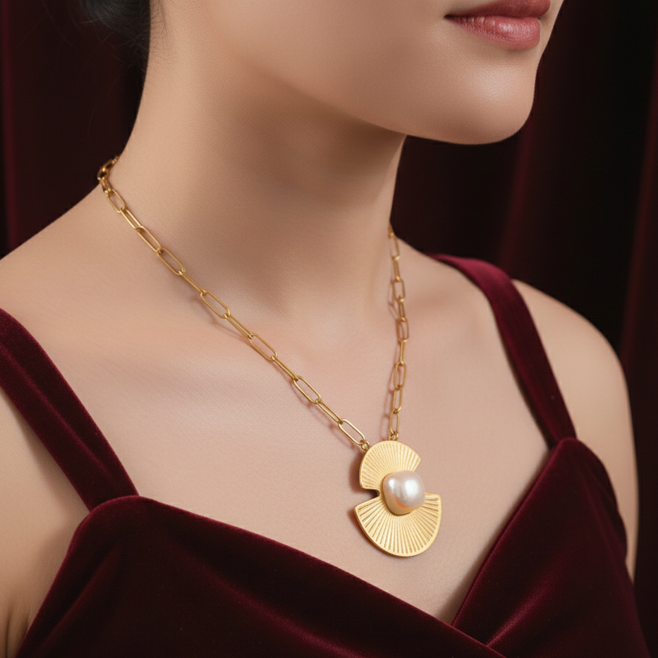 Elora Gold Plated Radiant Pearl Sunburst Pendant Necklace