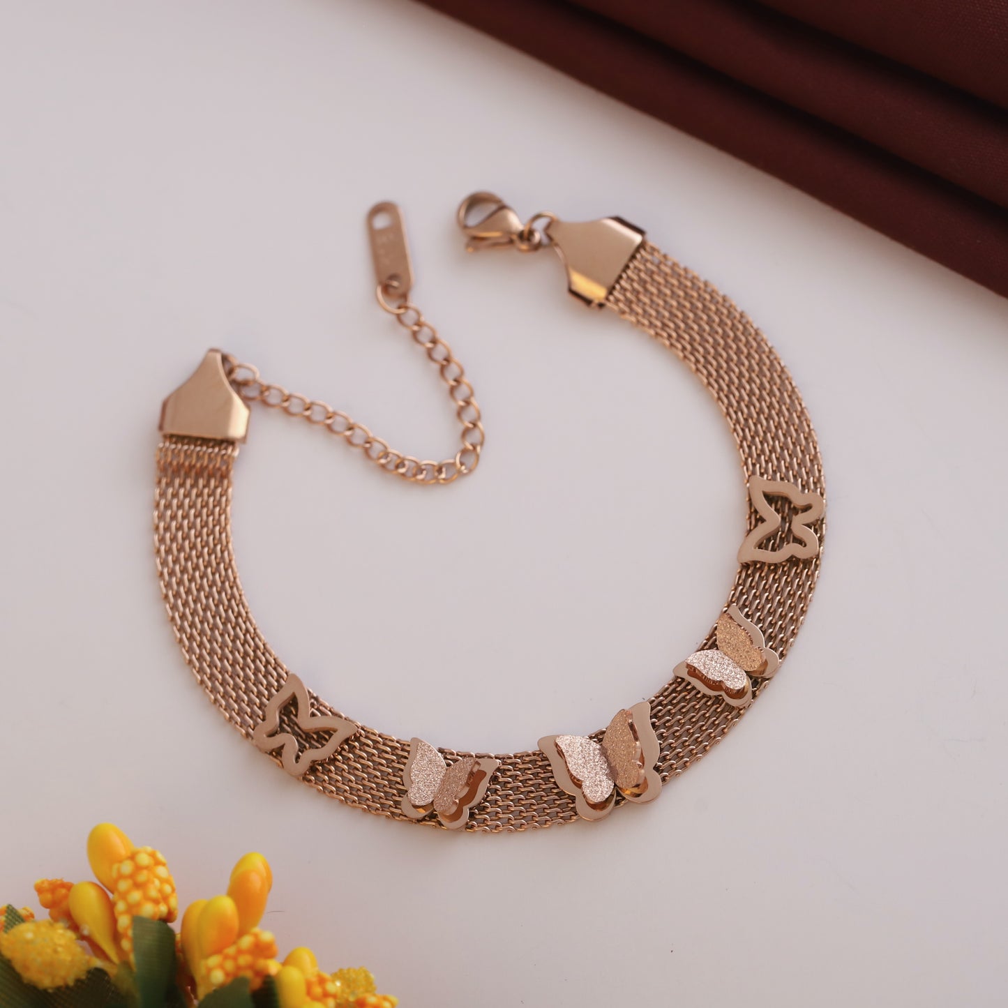 Elora Rose-Gold Mesh Butterfly Charm Bracelet